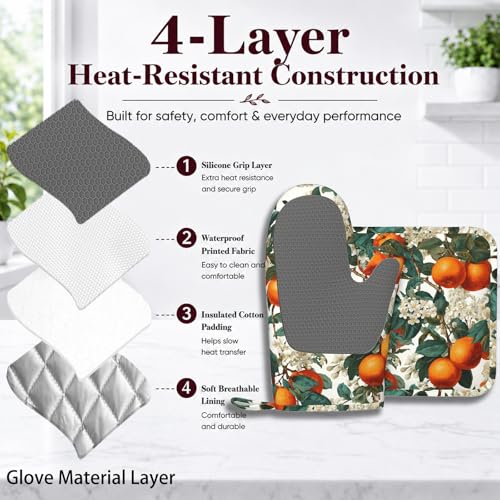 Oranges Leaves Oven Mitts and Pot Holders Sets White Flowers Silicone Heat Resistant Kitchen Oven Gloves Pot Holder for Cooking Baking Grilling BBQ - color: Oranges Leaves