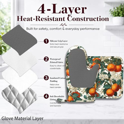 Oranges Leaves Oven Mitts and Pot Holders Sets White Flowers Silicone Heat Resistant Kitchen Oven Gloves Pot Holder for Cooking Baking Grilling BBQ - color: Oranges Leaves