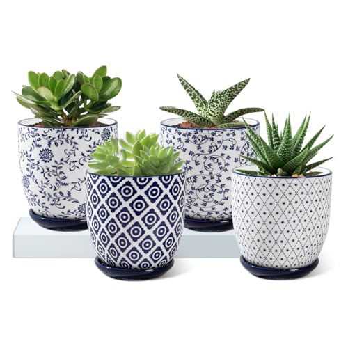 4.6 Inch Ceramic Small Succulent Planter Pots Set of 4 | Flower Pot with Drainage Holes and Saucers for Indoor Plant, Cactus, Herbs, Outdoor Plants, Home Decor, Vintage Blue - size: 4.6 Inch