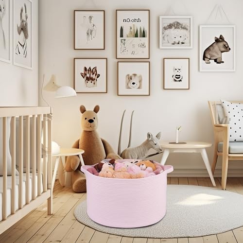 XUANGUO Extra Large Cotton Rope Round Storage Basket 22" x 14" Pink | Woven basket for blankets, toys, towels, laundry, nursery, living room and pet toy storage. - color: pink