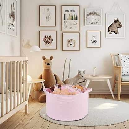 XUANGUO Extra Large Cotton Rope Round Storage Basket 22" x 14" Pink | Woven basket for blankets, toys, towels, laundry, nursery, living room and pet toy storage. - color: pink