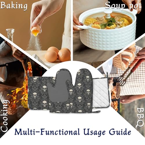 Gothic Black Skull Pot Holders and Oven Mitts Set Silicone Halloween Skulls Kitchen Gloves Potholders Heat Resistant Washable,Chef Cooking Baking Gifts for Women Men Bakers Lover Cooks - color: Gothic Black Skull,halloween Skulls