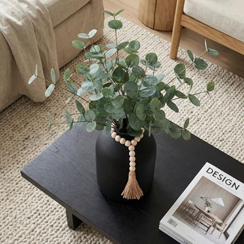 6 Pcs Artificial Eucalyptus Stems in Large Black Vase ,18" Artificial Greenery Stems Centerpieces Fake Eucalyptus Stems 9 in Tall Vase Home Decor Coffee Table Kitchen Table Centerpieces Decor (Black)