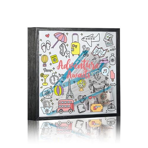 Travel Fund Box, 8×8 Adventure Awaits Shadow Box Frame with Slot, Piggy Bank Money Saving Decoration for Graduation Baby Shower Wedding, Colorful Cartoon Travel Memory Keepsake Gift -A09 - size: 8×8 cartoon adventure awaits