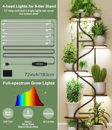 Plant Stand Indoor with Grow Light,60" Tall Plant Shelf w/ 4-Head Grow Lights,6 Tiered Plant Stands for Multi Plants, Corner Large Plant Holders,Metal S-Shaped Plant Rack for Home Office Patio