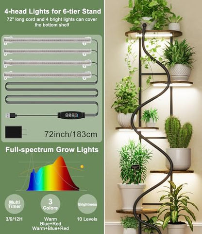 Plant Stand Indoor with Grow Light,60" Tall Plant Shelf w/ 4-Head Grow Lights,6 Tiered Plant Stands for Multi Plants, Corner Large Plant Holders,Metal S-Shaped Plant Rack for Home Office Patio