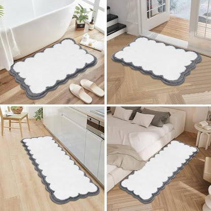 Pauwer Bathroom Rug Sets 3 Piece, Scalloped Bath Rugs, White and Dark Grey | Non Slip Washable Bath Mat With U-Shaped Toilet Rug, Extra Absorbent Quick Dry, For Floor Sink - color: White and Dark Grey