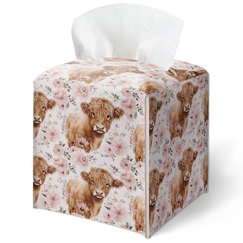 Tissue Box Cover, Floral Highland Cow Pattern Tissue Box Cover Square-Waterproof Leather, Desktop Decor for Living Room, Bedroom, Nightstand, Office, Aesthetic Home Decor, Gift for Women & Friend-A15 - color: Floral Highland Cow