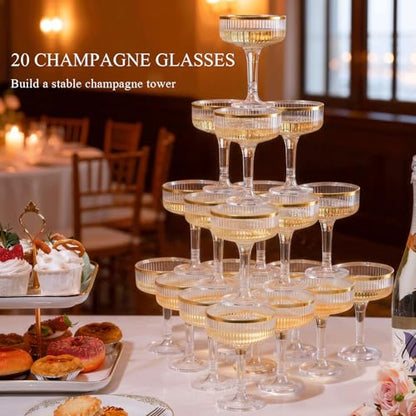 Goodluck 4-Tier Champagne Tower Glass - 20PCS 7oz Champagne Flutes Gold Rim | Plastic Coupe Glasses with Vertical Stripes for Weddings, Celebrations, Parties & Birthdays - color: Clear Gold Rim