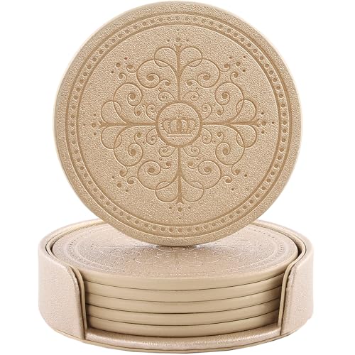 Coasters Set of 6 - PU Leather Coasters for Drinks with Holder - Gold - color: Gold
