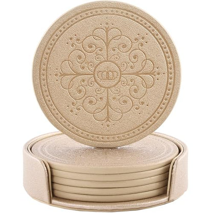 Coasters Set of 6 - PU Leather Coasters for Drinks with Holder - Gold - color: Gold