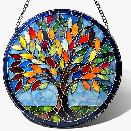 8-Inch Stained Glass Ornament, Stained Glass Window Hanging, Suncatcher Window Hanging, Home Decor, Tree of Life Ornament | Mother's Day, Christmas, Birthday, Housewarming | Gifts for Mom & Friend - color: Tree of Life B