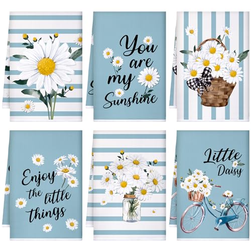 Boyiee Set of 6 Daisy Flower Kitchen Towels Daisy Stripes Tea Towels Floral Absorbent Dishtowels 24 x 16 Inches Housewarming Gifts Blue Hand Wash Cloth for Farmhouse Kitchen Bathroom Decorations - color: Daisy