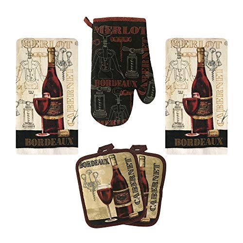Kitchen Towel 5 Piece Linen Set 2 Towels 2 Pot Holders 1 Oven Mitt (Cabernet) - color: Cabernet