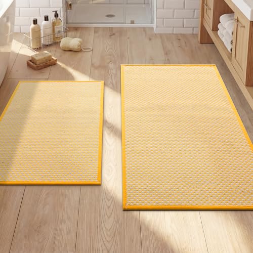 Thin Bath Mat Yellow Bathroom Rugs Sets 2 Pieces, Non Slip Absorbent Mats Quick Dry, Woven Rugs Washable, Tapetes para Baño for Bathroom Toilet,Bathtub(17"x24"+17"x32") - color: Yellow, size: 2Pieces(17"x24"+17"x32")