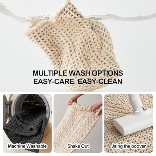 Sunfly Waffle Runner Rug Bathroom, Boho Bath Mat Super Absorbent & Quick Dry, Non-Slip Washable with Tassels, Ultra Soft Farmhouse Long Bathroom Rug 24"x60" Beige - color: Beige, size: 2' x 5' (Rectangular)