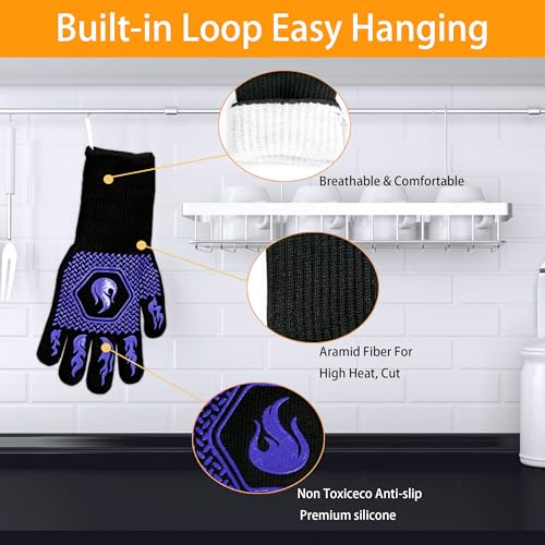 BBQ Gloves 1472F Heat Resistant Non-Slip Silicone 2 Pairs (Blue) | Grill Cut-Resistant, Oven Kitchen Safe for Barbecue, Cooking, Frying - color: Blue-2 Pairs