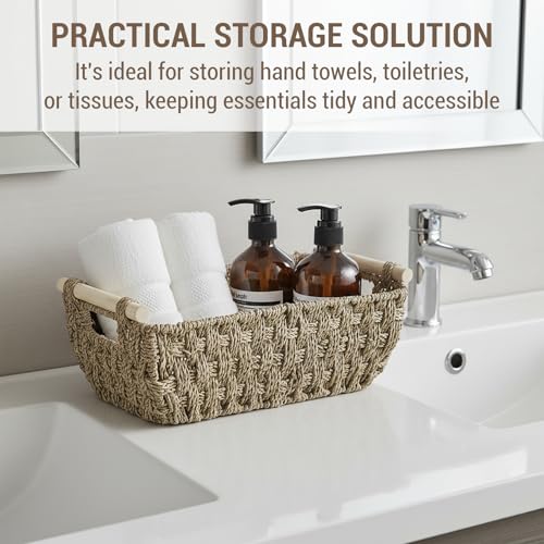 MyGift Hand-Woven Seagrass Bathroom Hand Towel Holder Basket with Wooden Handle, Rustic Countertop Storage Organizer for Towels & Toiletries