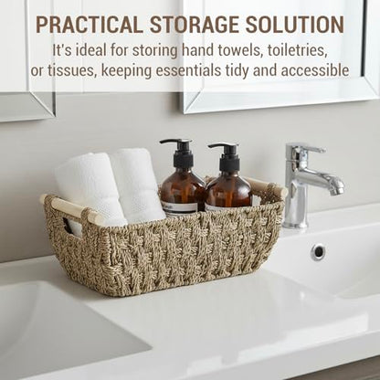MyGift Hand-Woven Seagrass Bathroom Hand Towel Holder Basket with Wooden Handle, Rustic Countertop Storage Organizer for Towels & Toiletries