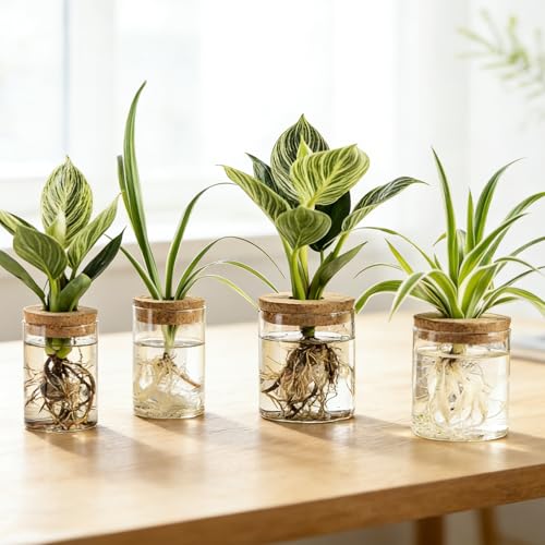 Glass Plant Propagation Stations for Plants – Set of 4 | Hydroponic Pots for Flower Arrangements,Plant Cuttings,Home & Office Decor–Desktop Vases for Living Room,Bedroom