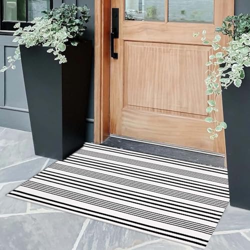 Front Door Mat 24"x35" Welcome Mat Black and White Outdoor Rug Doormat | Cotton Woven Front Door Rug Washable Indoor Door Mat Outside Entrance Striped Rug for Fall Porch Decor/Farmhouse/Entryway - color: White/Black Stripe, size: 2' x 3' (Rectangular)