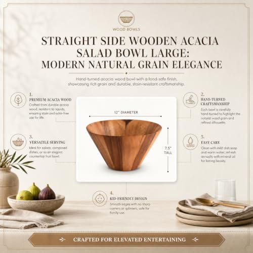 Arthur Court Acacia Wood Serving Bowl - Large Straight Side Salad Bowl for Fruits and Snacks - 12" Diameter x 7.5" Tall - size: Straight