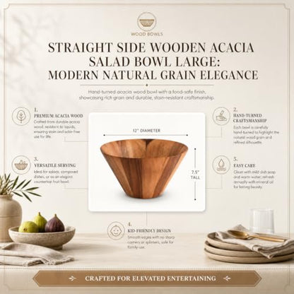 Arthur Court Acacia Wood Serving Bowl - Large Straight Side Salad Bowl for Fruits and Snacks - 12" Diameter x 7.5" Tall - size: Straight