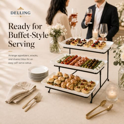 DELLING 3 Tier Serving Tray Set 16 Inch, Large Porcelain Tiered Platters with Collapsible Stand - Serving Dishes for Entertaining Dessert Table Party, Easy Assembly, White - size: 16 inch