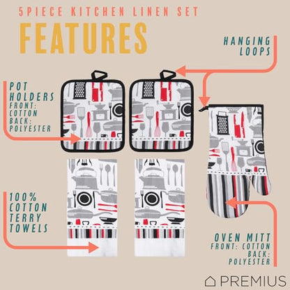 5 Piece Kitchen Tools Printed Kitchen Linen Set, 2 Cotton Towels, 2 Potholders, 1 Oven Mitt with Hanging Loop, 100% Cotton Material on Front & Polyester Backing, Perfect Kitchen Accessory - color: Kitchen Tools