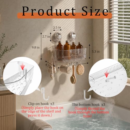 AVOKIHI Suction Cup Shower Caddy with 6 Hooks, No Drill Shower Shelf | Features 6 hanging hooks for loofahs and razors. Clear waterproof bathroom organizer. No drill traceless suction design. - color: White