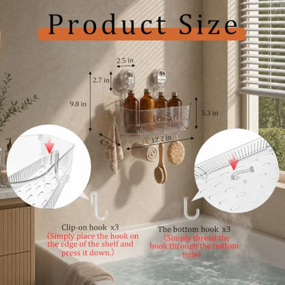 AVOKIHI Suction Cup Shower Caddy with 6 Hooks, No Drill Shower Shelf | Features 6 hanging hooks for loofahs and razors. Clear waterproof bathroom organizer. No drill traceless suction design. - color: White
