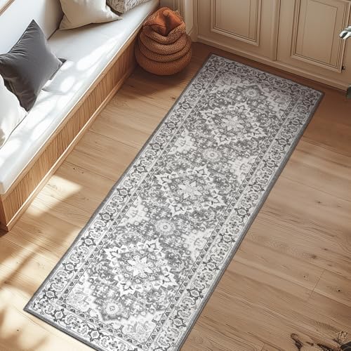 2 x 6 Runner Rug for Hallway, Machine Washable Entryway Rugs, Grey | Boho Faux Wool Low Pile Long Rug for Kitchen Bedroom, Floral Medallion Vintage Carpets with Non-Slip Rubber, Grey Beige - color: Grey Beige, size: 2' x 6' (Runner)
