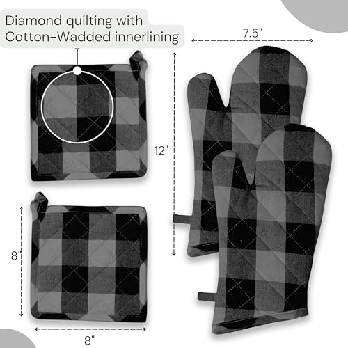 Buffalo Plaid Check Oven Mitts and Pot Holders Set, 100% Cotton, Heat Resistant, 2 Oven Gloves (7x13 Inches) & 2 Hot Pads (8x8 Inches) for Cooking and Baking, Light Grey & Black White - color: Light Grey & Black, Buffalo Plaid