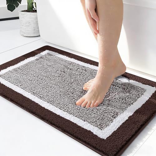 OLANLY Small Bathroom Rugs 24x16, Absorbent Microfiber Bath Rugs, Brown | Non-Slip, Machine Washable, Quick Dry Shaggy Bath Carpet, Suitable for Bathroom Floor, Tub, Shower - color: Brown and White, size: 24" X 16"