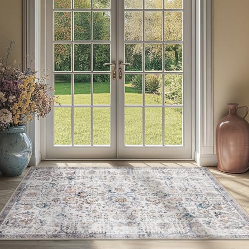 jinchan Distressed Vintage Medallion Area Rug, 3x5 Blue, Washable Non Slip | Distressed Finish, Low Profile, Soft Comfort, Easy Care, Pet Friendly, Entryway Kitchen Sink Bathroom Vanity Bedroom Decor - color: Vintage Blue Multi, size: 3' x 5' (Rectangular
