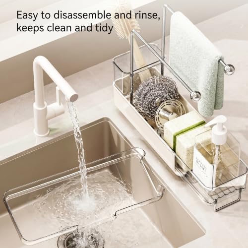 Expandable Kitchen Sink Caddy 25-38cm, 360° Rotating Sponge Holder & Brush | White, large, stretchable 25-38cm. Side brush holder, triple drainage, rust-proof.Ideal for sponge & kitchen sink accessories - color: White