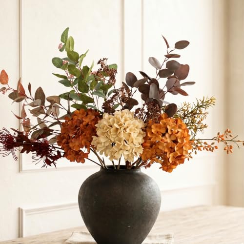 Fall Centerpieces for Tables - Burnt Orange Hydrangea & Eucalyptus Stems | Large Faux Floral Arrangement, Real Touch Artificial Fall Flowers for Thanksgiving & Autumn Dining Table - color: Orange Arrangement