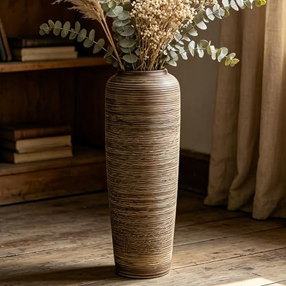 Brown Rustic Ceramic Floor Vase, 19.7 Inch, Ribbed Texture | Living Room, Entryway, Fireplace, Pampas Grass, Dried Branches - size: 19.7 Inch