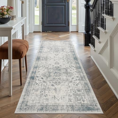 2x5 Washable Runner, Non Slip Boho Hallway & Kitchen Entry Rug | Machine Washable, Non-Slip, Stain Resistant Low Pile Carpet with Rubber Backing for Dining Room Kitchen Home Decor - color: Blue & Grey, size: 2' x 5' (Runner)