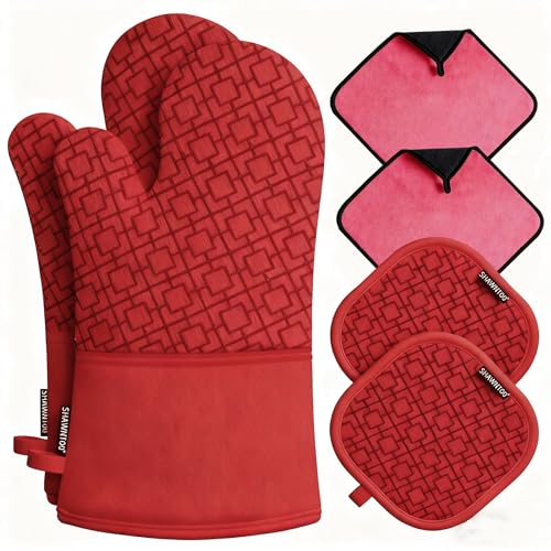 Oven Mitts and Pot Holders Sets 6pcs, Kitchen Oven Glove,High Heat Resistant 550 Degree Extra Long Oven Mitts and Potholders with Non-Slip Silicone Surface for Home Essentials (Grey) (Coral Red) - color: Coral Red