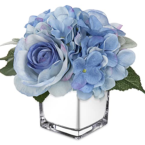 GnFlus Artificial Flowers in Vase Fake Silk Hydrangea Rose Flower Arrangement Faux Potted Flowers for Indoor Home Bathroom Office Table Shelf Decor, Blue - color: Blue
