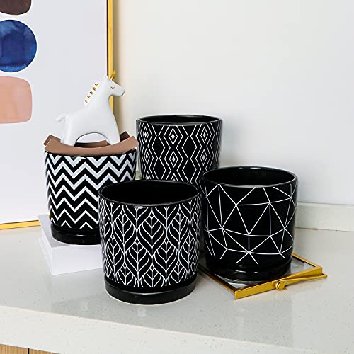 Flower Pots,5.5 Inch Black Ceramic Planters with Drainage Hole Set of 4 | Geometry Pots for Plants | Indoor Cylinder Plant Pots with Saucer | Cactus Succulent Pots | Outdoor Garden Pots | Garden Pots - color: Black