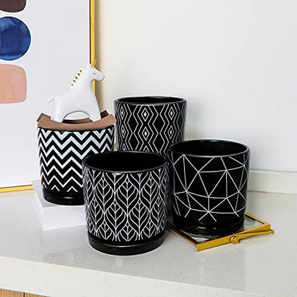 Flower Pots,5.5 Inch Black Ceramic Planters with Drainage Hole Set of 4 | Geometry Pots for Plants | Indoor Cylinder Plant Pots with Saucer | Cactus Succulent Pots | Outdoor Garden Pots | Garden Pots - color: Black