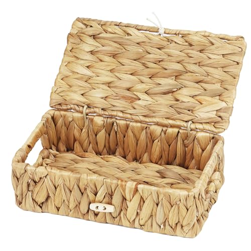 Water Hyacinth Wicker Storage Basket with Lid, X-Small | 9 x 5.1 x 3 Inch Box, Shelf Organizer, Rectangular Woven Bin, Small Item Storage, Natural Home Decor - size: X-Small