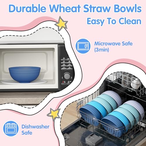 Quatish 14 PCS Cereal Bowls，Plastic bowls,Wheat Straw Soup Bowl,Blue | Unbreakable,Dishwasher & Microwave Safe, Easy-to-Clean,Lightweight,Portable,for Camping Salad Kitchen & Picnics,Snack,Small - color: Blue