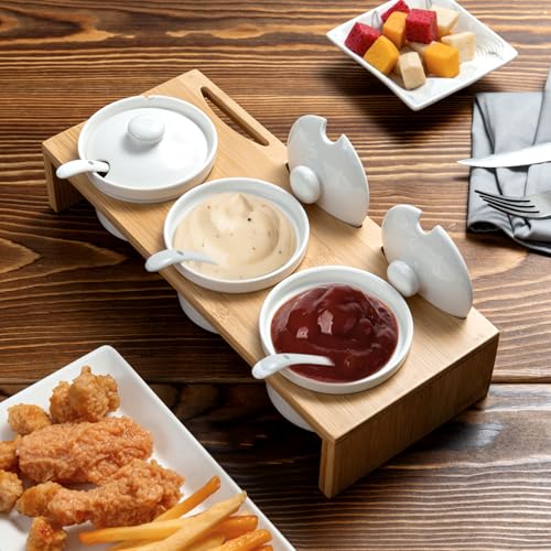 MyGift 10 Pcs Sauce Serving Dish, Hosting Party Essentials Host Gift, 3 Ceramic Ramekin Chip Dip Bowls with Lids & Spoons, Premium Bamboo Server Tray, Condiment Pot Entertaining - color: Bamboo