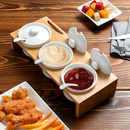 MyGift 10 Pcs Sauce Serving Dish, Hosting Party Essentials Host Gift, 3 Ceramic Ramekin Chip Dip Bowls with Lids & Spoons, Premium Bamboo Server Tray, Condiment Pot Entertaining - color: Bamboo