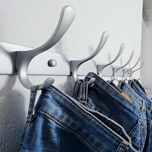 SKOLOO Coat Rack Wall Mounted - 6 Hooks, Heavy Duty, Stainless Steel, Metal Wall Hangers, Sturdy Coat Hooks for Hanging Coats, Jacket, Clothes, Hat, Cold Light Silver - color: Matte Silver, size: 6 Hook(1 Pack)