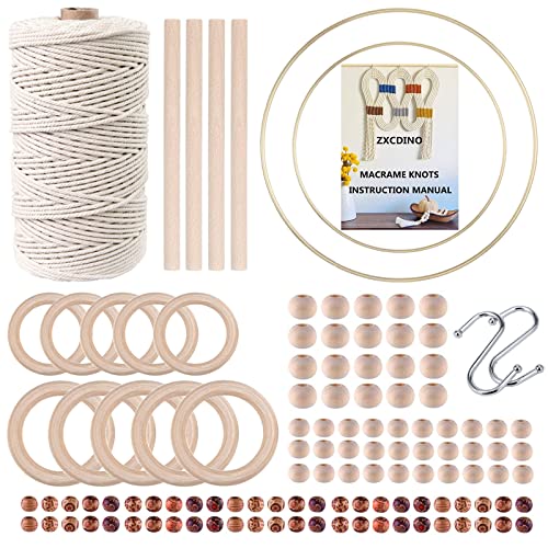 119pcs Macrame Kits for Starter 3mm x 109Yards Natural Cotton Macrame Cord with 100pcs Wooden Beads,10pcs Wooden Rings,Wooden Sticks,Metal Rings,S Hooks Macrame Supplies for Plant Hangers - size: 3mm x 109yards set-119pcs