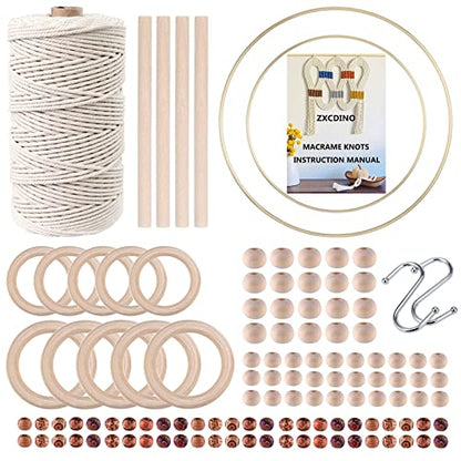 119pcs Macrame Kits for Starter 3mm x 109Yards Natural Cotton Macrame Cord with 100pcs Wooden Beads,10pcs Wooden Rings,Wooden Sticks,Metal Rings,S Hooks Macrame Supplies for Plant Hangers - size: 3mm x 109yards set-119pcs